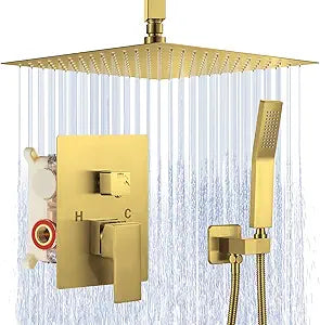 JOMEOO 12 Inch Brushed Gold Shower System, Ceiling Mounted High Pressure Rain Shower Head with Handheld Sprayer, Bathroom Luxury Gold Shower Head Shower Faucet Set Rough in Valve Body and Trim