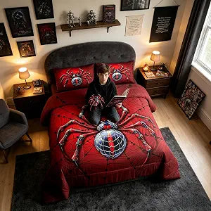 Manfei Spider Web Kids Comforter Set Twin Size,Red Spider Arachnid Insect Animal Bedding Set,Girls Boys Room Decor,Happy Halloween Trippy Down Comforter,Blue Black Fashion Duvet Insert,1 Pillowcase