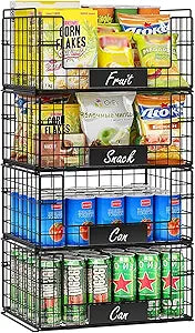 JKsmart 4 Pack XXL Stackable Wire Baskets with Handles for Pantry Storage and Organization,Fruit and Vegetable Basket with Name Plates,Metal Storage Bins for Snack Can Fruit Veggies