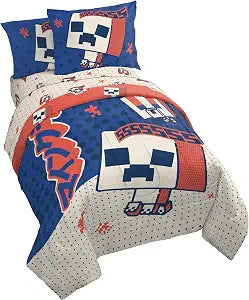 Minecraft Creeper Twin Comforter Set 5 Piece Soft Kids Bedding, Blue