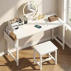 White Vanity Table with Lighted Mirror - 47 White Vanity Desk with Mirror and Lights & Chair, Makeup Vanitys Set with Power Outlet, Dressing Table Vanities for Girls Bedroom