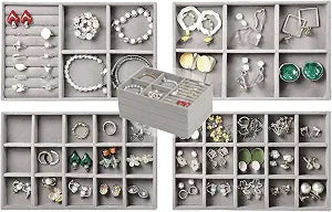 Set of 4 Stackable Jewelry Trays Organizer, Velvet Earring Organizer, Jewelry Organizer Showcase Display Drawer Organizer Storage, Earring Holder Necklace Bracelet Ring Accessary Organizers (Gray)