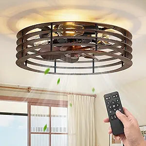 LEDIARY 20" Flush Mount Caged Ceiling Fan with Light, Low Profile Ceiling Fans with Light and Remote, 6 Speed & Reversible, Farmhouse Enclosed Fan Lights for Bedroom, Kitchen, Living Room