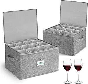 Cirhy Wine Glass Storage Box Hard Shell, Stemware Storage Containers for Moving, Holds 24 Crystal Glasses & Flutes, Stackable Glassware Chest with Dividers, Grey (2-Pack)