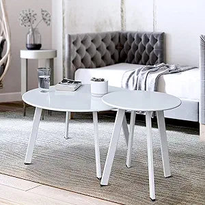 Patio Outdoor Coffee Table Set of 2 - Weather Resistant Outdoor Round End Table Modern Coffee Tables for Living Room Balcony Home Office (White)