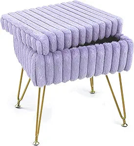 Vanity Stool Chair with Storage, Faux Fur Soft Padded Ottoman with Coffee Table, Modern Vanity Chair Fluffy Footstool with Metal Legs for Makeup, Living Room, Bedroom Purple