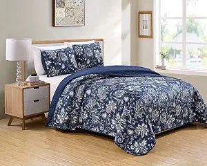 Bedspread Set Floral Print Pattern Blue Taupe White Grey New (Full/Queen)