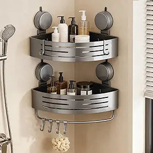 Corner Suction Cup Shower Caddy,2-Pack Gray No-Drilling Aluminum Corner Shower Shelf with Towel Bar and Hooks,Detachable and Reusable Bathroom Organizer