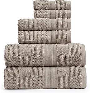 Springtree Home 100% Cotton Bathroom Towel Set | 6 Piece Set - Brown Bath Towels | Geometric Textured Design | Absorbent & Quick-Dry | Oeko-TEX Standard 100 Cotton | Myla Collection - Cobblestone
