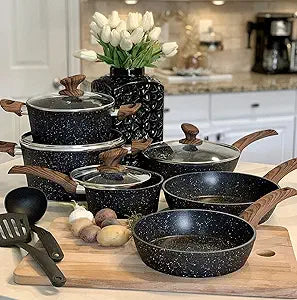 Kitchen Academy Induction Cookware Sets - 12 Piece Cooking Pan Set, Granite Black Nonstick Pots and Pans Set