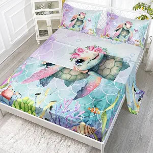 Turtle Sheets Set 4Pcs for Kids,Colorful Turtle Marine Life Printed Sheet Set with 1 Flat Sheet and 1 Fitted Sheet + 2 Pillowcases(Colorful Turtle Full)