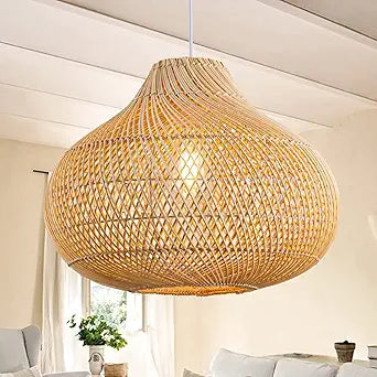 Rattan Pendant Light, 16.5" Hand-Woven Wicker Chandelier Boho Hanging Light Fixture, Farmhouse Natural Raindrop Basket Ceiling Light for Dining Room Kitchen Island Bedroom Living Room, E26