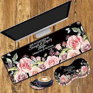 Desk Pad Gaming Mouse Pad + Wrist Rest Support Pad + Coaster, 31.5" 11.8" Durable Non-Slip Extended Computer Mouse Pad, Suitable for Office and Home, Bible Verses Proverbs 31:25