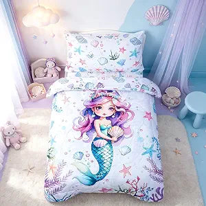 Toddler Bedding Set for Girls, 4 Piece Toddler Bedding Sets Purple Toddler Bed Comforter Set Includes Soft Reversible Comforter, Fitted Sheet, Flat Sheet, Envelope Pillowcase, Ocean Mermaid