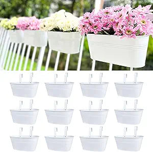 LaLaGreen Rail Planter Outdoor Plants (11.8 Inch, 12 Pack) White Metal Iron Hanging Flower Pots Deck Railings Fence Buckets Modern Countryside Boho Style Wall Mount Window Box Holder Hooks Porch Decor