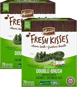 Merrick Fresh Kisses Double-Brush Dental Dog Treats, Infused with Coconut & Botanical Oils, Cleans & Freshens Breath for X-Small Dogs, 78 Dental Dog Treats/Pack (Pack of 2)