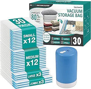 Cozy Essential Travel Vacuum Storage Bags with Rechargeable Cordless USB Pump, Space Saver Bags for Luggage, Suitcase, Carry-On, for Clothes, Blankets, Bedding & Seasonal Storage,30 Combo