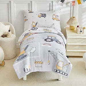 JHXHMX 4 Pieces Toddler Bedding Set for Boys,Excavator Cars Truck Pattern Toddler Comforter Set,Soft Crib Bed Set Including Comforter,Sheets and Pillowcase-Gray