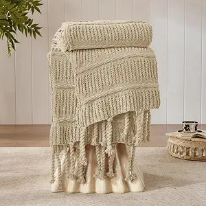 Boho Knitted Chenille Blanket with Tassels - Lightweight & Soft All-Season Throw - 3D Classic Pattern for Living Room Bedroom Couch, Sandy Beige, King 90"x108"