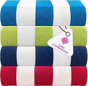 Casa Copenhagen Cabana Towel 4Pcs Blue,Pink,Green,Teal Designer Stripe Beach Towels Gift Set, 30"x60" Oversized 100%Cotton Pool Bath Towel for Beach Gift Set (Perfect Summer Gift Set For Women & Men)