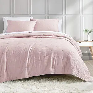 BOURINA Embroidery Quilt Set Pink Oversized Queen 3-Piece Soft Bedding Set