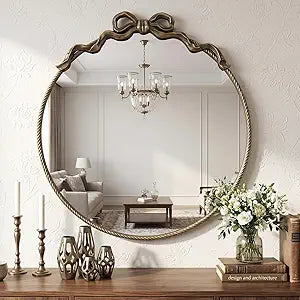 Uniclinens Round Bow Mirror for Wall Decor - Antique Bronze Circle Wall Mirror with Metal Frame, 28"X29" Baroque Traditional Ornate for Entryway, Fireplace, Living Room, Hallway, Bathroom