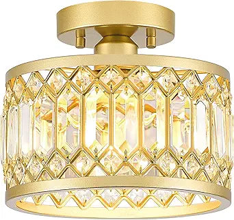 YURNYQ Crystal Ceiling Light Fixture, Modern Semi Flush Mount Ceiling Light, Gold Lighting Fixtures Ceiling Lamp for Hallway, Kitchen, Entryway, Bedroom, Laundry Room, 9.05 Inch