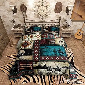 Feelyou Adults Western Cowboy Comforter Set Queen Size Wild West Rustic Southwestern Comforter Exotic Plaid Geometric Bedding Set Patchwork Design Duvet Set Quilt Set 3Pcs