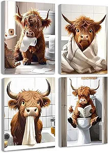 Drsoum Cute Highland Cow Bathroom Framed Wall Art Funny Animal Rustic Canvas Prints for Bathroom Restroom Decor 12x16in (Framed)