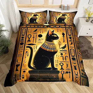 Erosebridal Egyptian Civilization Duvet Cover Ancient Egypt Cat Print King Comforter Cover,Old Antique Black Cat Bedding Set,Vintage Hieroglyphics Exotic Bed Set for Boys Girls Teens Adults Room