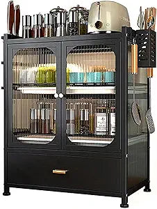 Kitchen Countertop with Drawers Dish Cabinet, Dish Rack,Dual Door Dustproof Multifunctional Kitchen Storage Cabinet Suitable for Kitchens and Restaurants (Black)