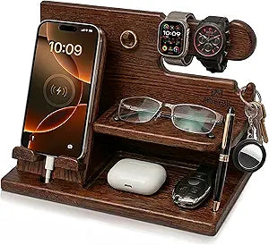 TESLYAR Wood Phone Docking Station for Men - Desk or Nightstand Organizer - Birthday Gifts for Husband, Dad - Anniversary Idea from Wife - Key Holder, Stand Wallet, Watch & Essentials (Bourbon Brown)