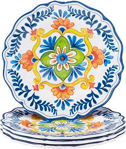 Flores Melamine Salad & Dessert Plates, Set of 4 Break-Resistant, Colorful Plates for Entertaining, Great for Parties, Poolside, and Everyday Use
