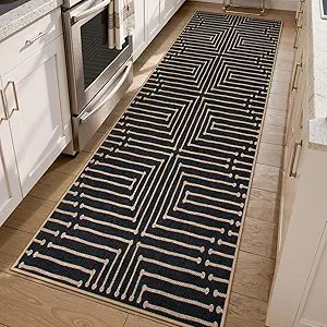 Lahome Maze Lines Easy Jute Washable Runner Rug, 2x8 Kitchen Runner Rug for Hallway, Non Slip Indoor Outdoor Rugs for Entryway Indoor, Black Low Pile Front Door Carpet for Laundry