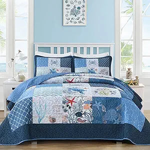 Dinjoy Coastal Quilts Queen Size, Blue Beach Themed Patchwork Bedding Set
