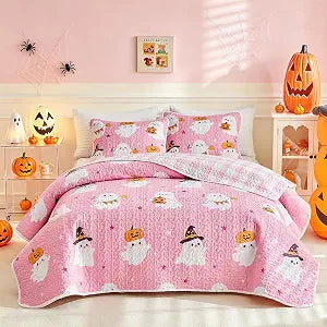Joyreap 3Pieces Halloween Quilt Set Queen, White Ghost Pink Design Bedspread Coverlet