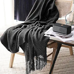 LOMAO Knitted Throw Blanket with Tassels Bubble Textured Lightweight Throws for Couch Cover Home Decor (Black, 60x90)