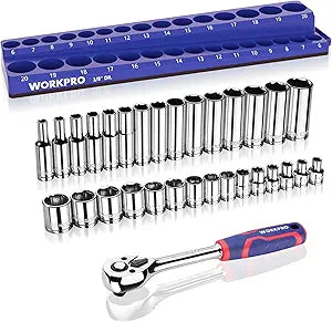 WORKPRO 32-Piece 3/8-inch Drive Metric Sockets and Ratchet-Including 30 Metric Deep and Shallow Sockets, 6-20mm with Magnetic Organizer and 72-Tooth Quick Release Reversible Ratchet for Auto Repair