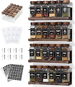 4-Tier Wall Mount Spice Rack Organizer with 24 Glass Jars, 216 Labels & Funnel - Screw/Adhesive Mount, Black Metal & Wood Spice Storage for Kitchen Pantry Cabinet, 11.6L x 2.4W x 3.2H