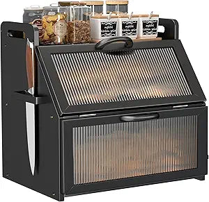 Bread Box for Kitchen Countertop, Large Bread Storage Container for Homemade Bread, Wooden Farmhouse Breadbox Organizers, Double Layer Bread Bin with Acrylic Window Bread Holder, Black