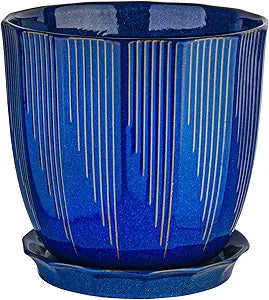 ADN 10 Inch Ceramic Planter Pot with Drainage Hole and Saucer,Large Round Plant pots for Indoor Outdoor Plants,Modern Flower pots, Navy
