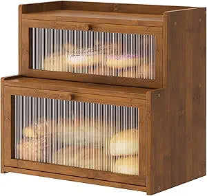 Double Layer Bamboo Bread Box for Kitchen Counter,Bread Holder,Countertop Bread Storage with Window (Brown)