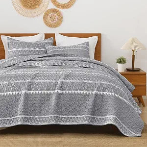 Andency Quilts Queen Size Grey, 3 Pieces Boho Lightweight Striped Bedspread