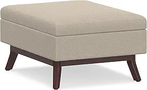 SIMPLIHOME Owen Coffee Table Storage Ottoman - 34" Wide x 19" High Upholstered Linen Look Fabric Rectangular Lift-Top Ottoman in Natural, Mid-Century Modern Bench for Living Room with Tapered Legs