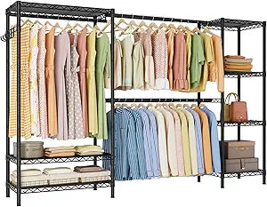 Golpart Heavy Duty Garment Rack Clothes Rack,Large Metal Closet Organizer System Storage Wardrobe,Freestanding Clothing Rack with 7 Adjustable Wire Shelves&3 Hang Rods,MaxLoad 1500lbs