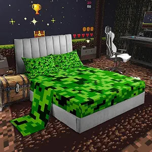 Castle Fairy Game Bed Sheets Full Size,Video Games Bedding Set for Kids Boys Girls Teens Room Decor,Cartoon Gamepad Fitted Sheet Modern Geometric Check Top Flat Sheet,2 Pillowcases, Green