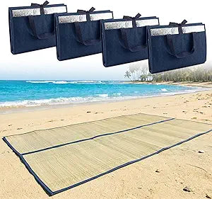 4 Packs Natural Straw Beach Mat, 31.5" x 70" Waterproof Foldable Lightweight Picnic Mat with Trim for Camping Sunbathing Floor Yoga Outdoor Activities