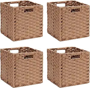 DULLEMELO Wicker Storage Cubes - Foldable Wicker Baskets Set of 4, 11x11x11 inch for Organizing Closet, Clothes, Toys - Brown
