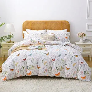 Mooreeke Floral Duvet Cover Twin Size, 2 Piece Butterfly and Botanical Patterned Duvet Cover Set with Zipper Closure, Soft & Breathable Microfiber Bedding Set with 4 Corner Ties and 1 Pillow Sham