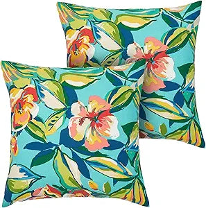FUNHOME Outdoor Indoor Throw Pillows 18x18, Set of 2 Decorative Throw Pillows with Inserts, All Weather Water-Repellent Square Pillows for Bed, Couch, Sofa and Patio Furniture-Rosario Flower Leaf